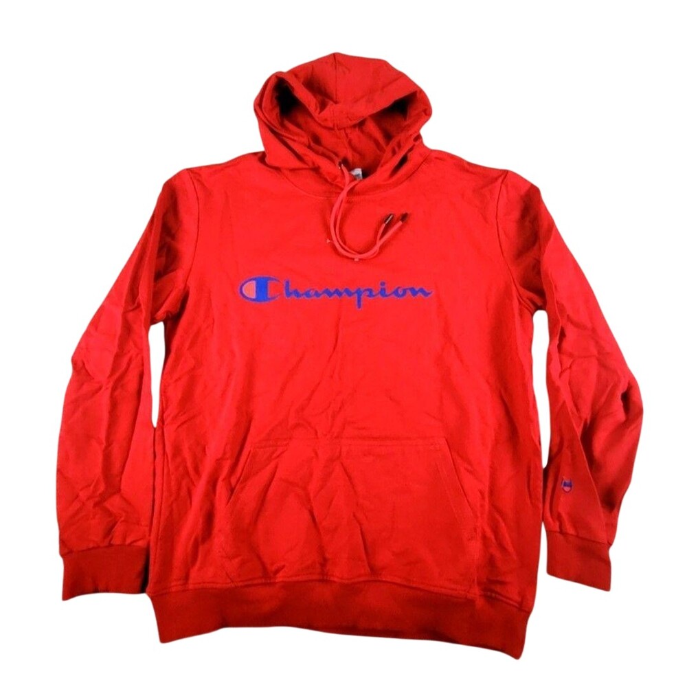 Champion Hoodie Sweatshirt Mens L Red Pullover Fleece Script Logo Graphic